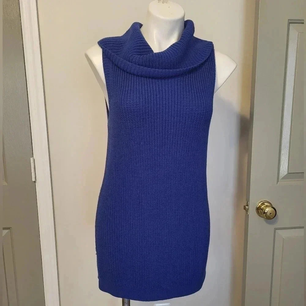 TALBOTS Cobalt Blue Cotton Blend Cowlneck Ribbed Sleeveless Tunic Sweater(M)